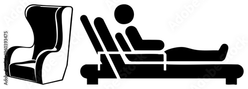 Stylized black silhouette of wingback armchair and reclining lounge chair with circular head, minimalist furniture design, flat vector graphic, isolated, modern interior decor.