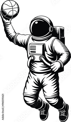 Astronaut Playing Basketball in Space Vector Illustration