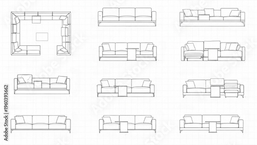 Modern Sofa Set Collection AutoCAD Furniture Design, Contemporary Couch CAD Drawings Isolated on White Background