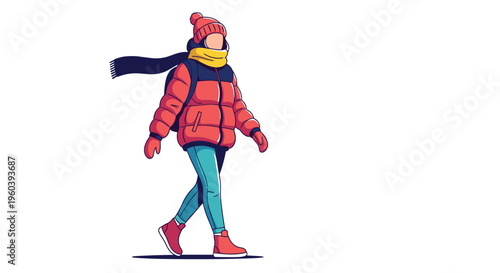Person dressed in warm winter clothing including a red puffer jacket and scarf walks comfortably through a cold environment.