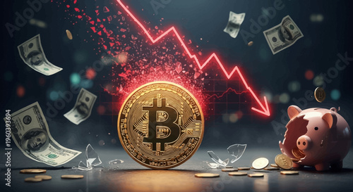 Bitcoin Crash: Falling Crypto Market, Broken Piggy Bank, and Red Downward Trend