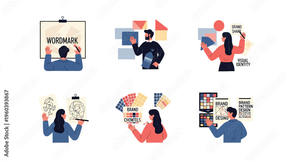 Fototapeta premium Brand Identity Design Process Illustrations Set: Logo, Visuals, Colors, and Guidelines Development Workflow