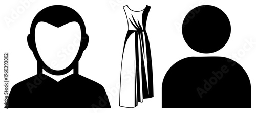Abstract human profile, male and female silhouettes, elegant gown illustration, minimalist vector design, gender symbols, user avatar elements.