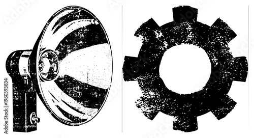 Retro automotive spotlight and mechanical gear, halftone textured vector, industrial design, mechanical components, classic machinery, stylized engineering.
