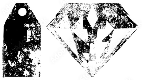 Worn price tag and faceted diamond, gritty halftone print, retro graphic design, vector art, distressed texture.
