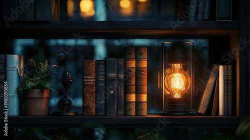 Illuminated antique style light fixture rests on a dark wooden shelf beside a collection of old books and a potted plant