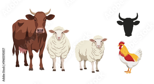 A colorful illustration featuring a cow sheep rooster and silhouette bull