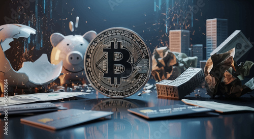 Bitcoin Cryptocurrency Financial Crisis Piggy Bank Broken Money Credit Cards