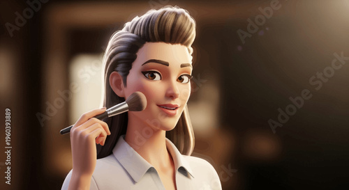 3D Animated Woman Applying Makeup with Brush, Beauty Routine, Glamour