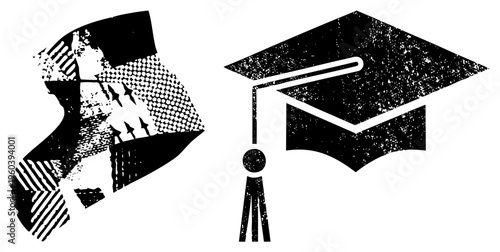 Academic mortarboard with tassel, stylized student profile, halftone, education, graduation symbol, student silhouette, graphic design.
