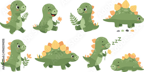 Cute Dinosaur Character Collection with Cartoon Baby Dinosaurs in Different Poses Friendly Prehistoric Animal Set for Kids Illustration, Nursery Design, Stickers and Educational Graphics
