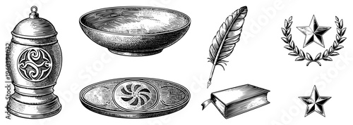 Antique salt shaker with triskelion, hollow ceramic bowl, feather quill pen, leather bound book, laurel wreath emblem, five pointed star. Classic engraved art for historical or literary themes.