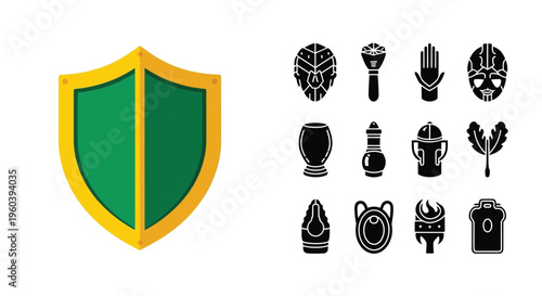 Collection of tribal artifacts including a shield masks and pottery