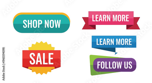 Colorful promotional ribbons and labels displaying call to action text