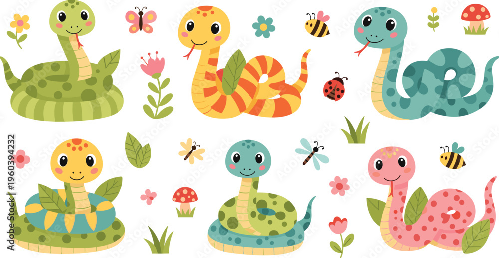 Obraz premium Cute Cartoon Snake Character Collection with Colorful Reptiles Flowers Butterflies Ladybugs and Garden Nature Elements for Kids Animal Illustration Set