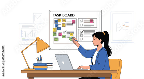Organized professional woman working at her office desk while managing projects with sticky notes on a large visual task board.