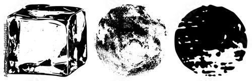 Graphic vector art of ice cube, textured sphere, and irregular blob., stylized, halftone texture, isolated shapes. Ice, frost, frozen forms, abstract coolness.