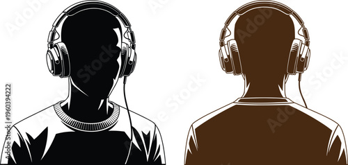 Vector illustration of person wearing headphones front and back view silhouette modern music listener audio technology concept design digital art