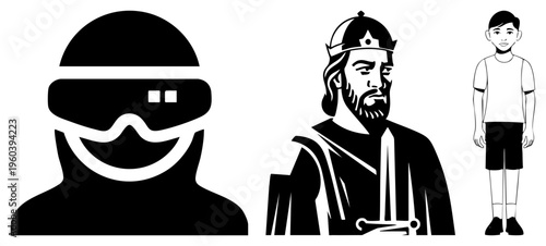 Anonymous ski mask wearer, medieval king with crown and sword, modern boy in t shirt and shorts all stylized flat.