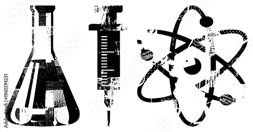 Lab equipment including conical flask, medical syringe, and atomic structure, stylized with distressed texture. Scientific symbols for chemistry, biology, and physics education or branding.
