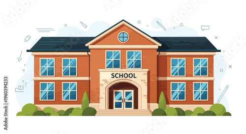 Classic two story brick school building with a symmetrical architectural design and green bushes isolated on a clean white background.