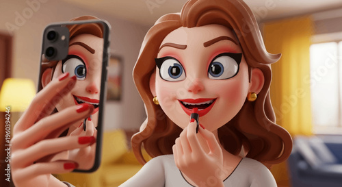 Animated Woman Applying Lipstick While Taking Selfie with Smartphone