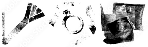 Black and white halftone vector fragments, isolated geometric forms, textured graphic design, digital art composition, stylized visual elements.