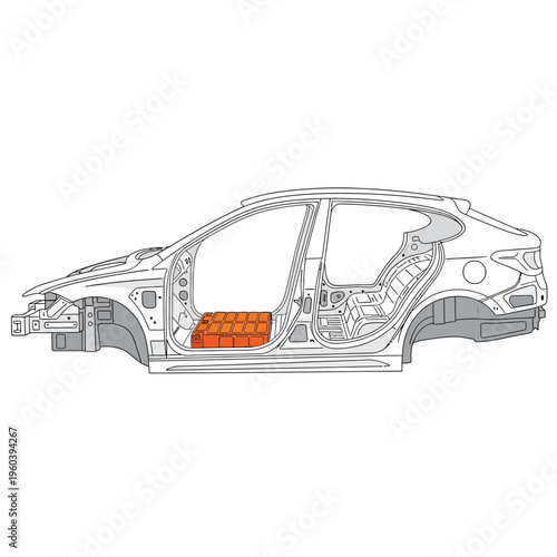 Automotive body-in-white structural component highlighting internal battery pack integration