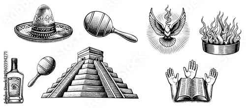 Traditional Mexican like sombrero, maracas, and alongside religious symbols such as and flames, rendered in vintage engraving style.