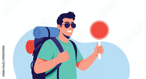 Adventurous male backpacker wearing sunglasses and carrying a hiking pack while holding up a red circular stop sign for safety.