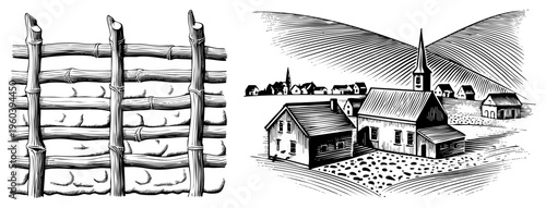 Hand drawn bamboo fence with natural texture, village with church steeple, countryside setting, rustic architecture, engraved art style.