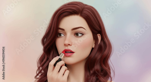 Beautiful Woman Applying Red Lipstick, Makeup, Beauty, Cosmetics, Self-care, Portrait