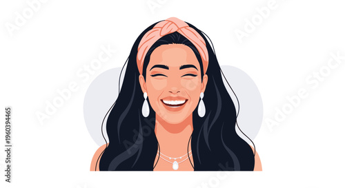Beautiful smiling woman with long dark hair wearing a pink headband and elegant pearl jewelry is shown in a portrait illustration.