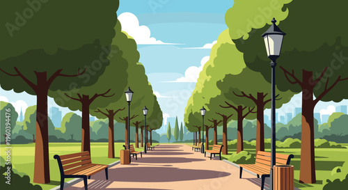 Scenic view down a long tree lined walkway in a quiet city park with wooden benches and traditional street lamps under a blue sky.