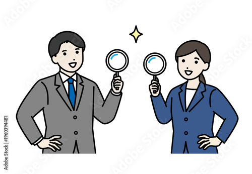 虫眼鏡を持ち腰に手をあてているビジネスパーソン