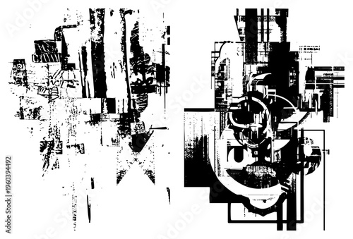 Stylized black and white machinery components, industrial gear system, mechanical abstraction, vector silhouette, halftone, engineering motif.