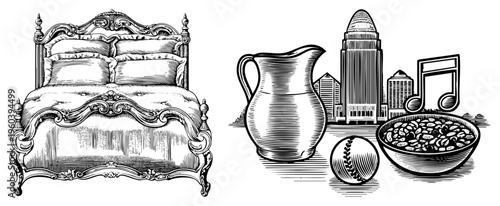 Vintage bed with carved headboard, pillows, and blanket, paired with pitcher, baseball, beans, music note, and city classic vector illustration with halftone shading.