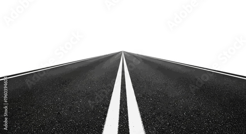 Endless asphalt road with double white lines vanishing into the horizon under a clear sky.