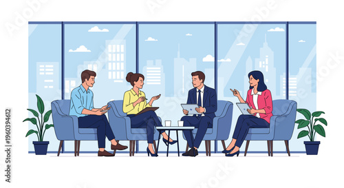 Professional business team having a productive meeting while sitting in comfortable blue armchairs in a modern high rise office space.
