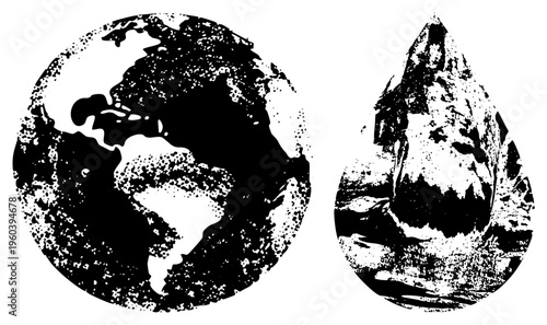Stylized globe and droplet rendered in halftone, environmental symbols, eco design elements, black and white vector graphics.
