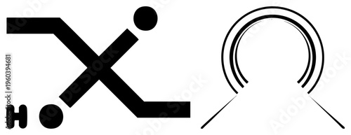 Modern minimalist graphic featuring angular X like shapes, circular arcs, and dot accents, flat vector design, clean, symbolic abstraction.