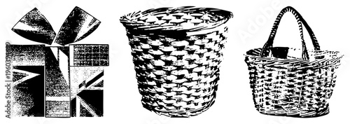 Handwoven baskets with handles, gift box with bow, halftone texture, black and white vector, rustic craft items, isolated graphic elements.
