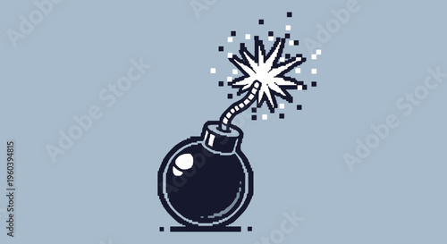 Classic black cartoon bomb with a burning lit fuse and pixelated sparks is shown as a simple vector icon on a grey background.