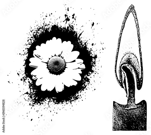 White daisy flower with textured center, ink splatter background, candle flame vector, halftone style, graphic art, isolated elements, artistic composition.