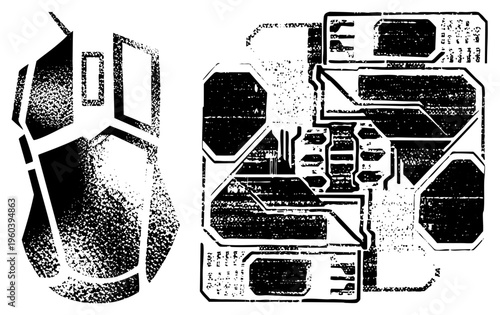 Retro tech components rendered in halftone style, computer mouse and motherboard circuitry, digital hardware graphic, pixelated tech design, vector tech art.