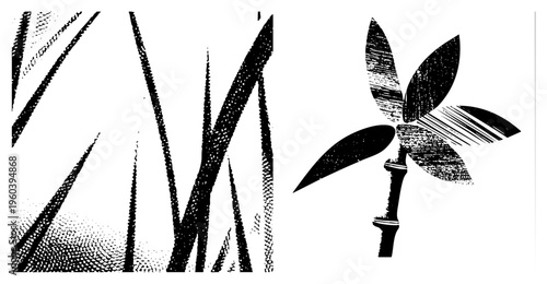Stylized bamboo silhouette with textured halftone, graphic plant design, modern botanical illustration, vector art, isolated foliage, bamboo motif, artistic rendering.