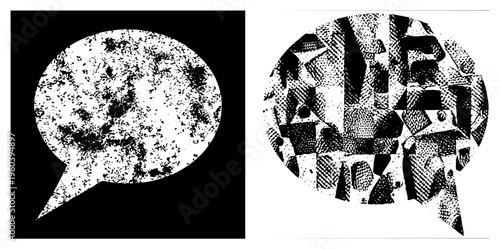 Stylized speech bubble rendered in halftone, fragmented geometric shapes, graphic design element, vector illustration, texture, communication, digital art.