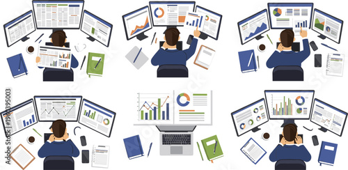Flat vector illustration set of professional financial analyst working at desk with multiple computer monitors displaying data charts graphs and infographics for business office finance and trading co