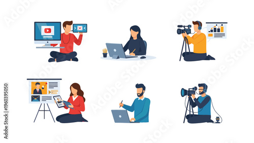 Digital Content Creation Set: Videography, Streaming, Graphic Design, and Online Media Professionals at Work
