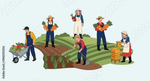Group of diverse farmers working in the fields, harvesting fresh vegetables and tending to honeybee hives in a rural landscape.
